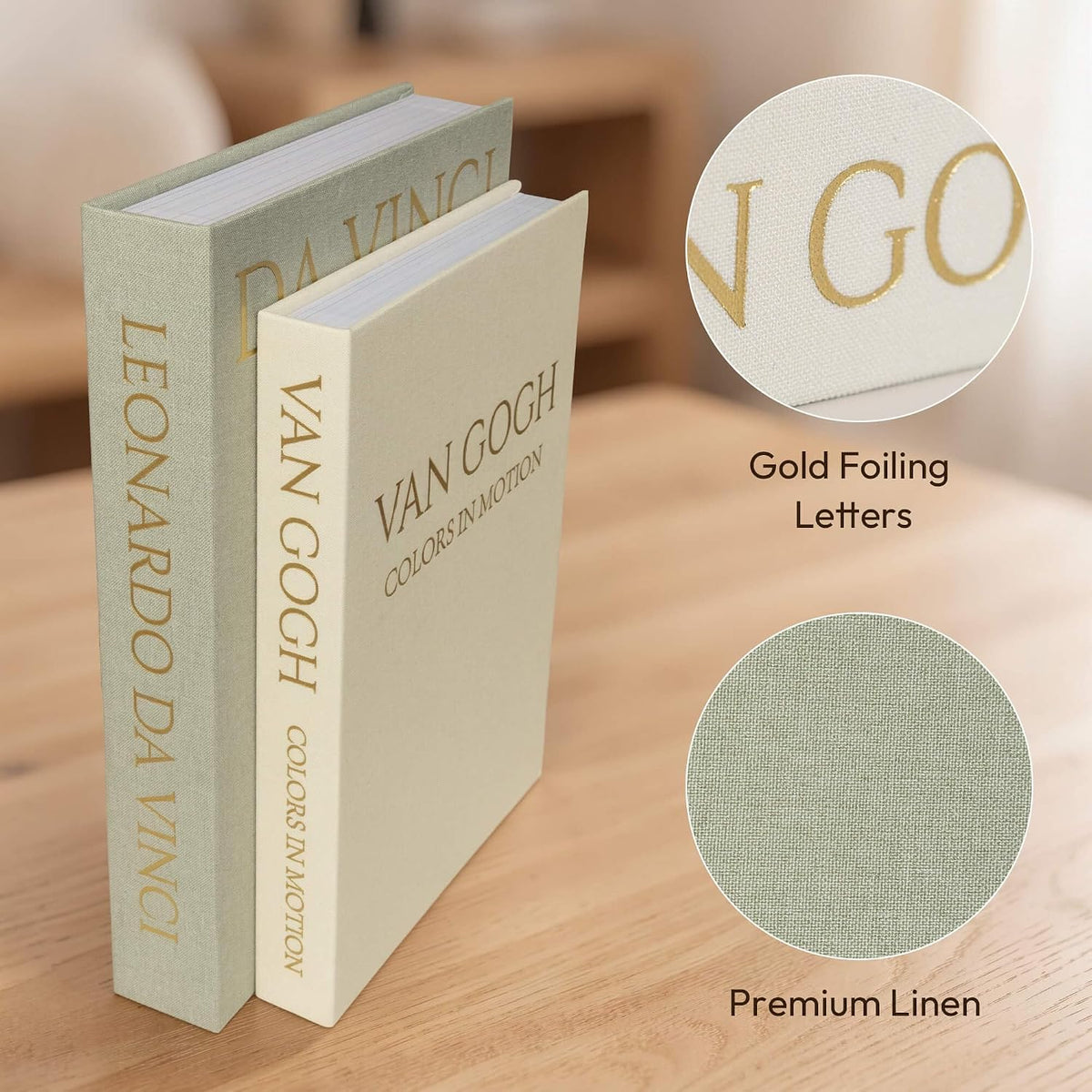 Decorative Storage Books Set of 2, Linen Cover, White & Green