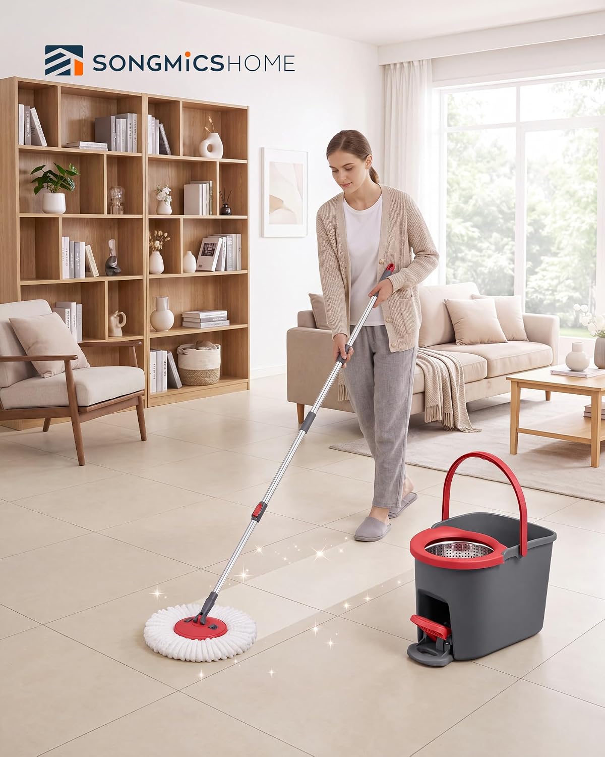 Spin Mop and Bucket Set with 2 Microfiber Pads Dark Gray Red