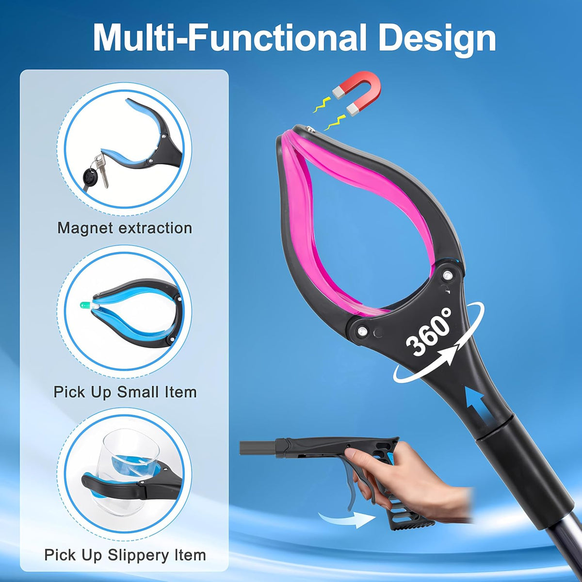 32-Inch Foldable Reacher Grabber Tool with Rotating Jaw & Magnet