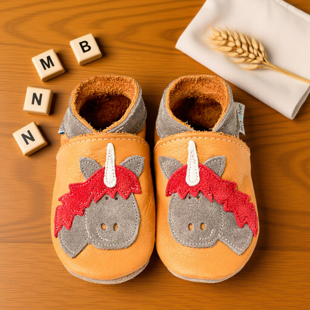 Leather Baby Shoes - Unicorn Tan Leather - Inch Blue