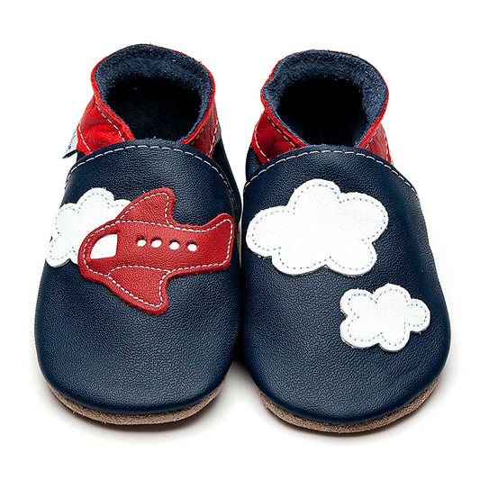 Leather Baby Shoes - Aeroplane Clouds Navy/Red - Inch Blue