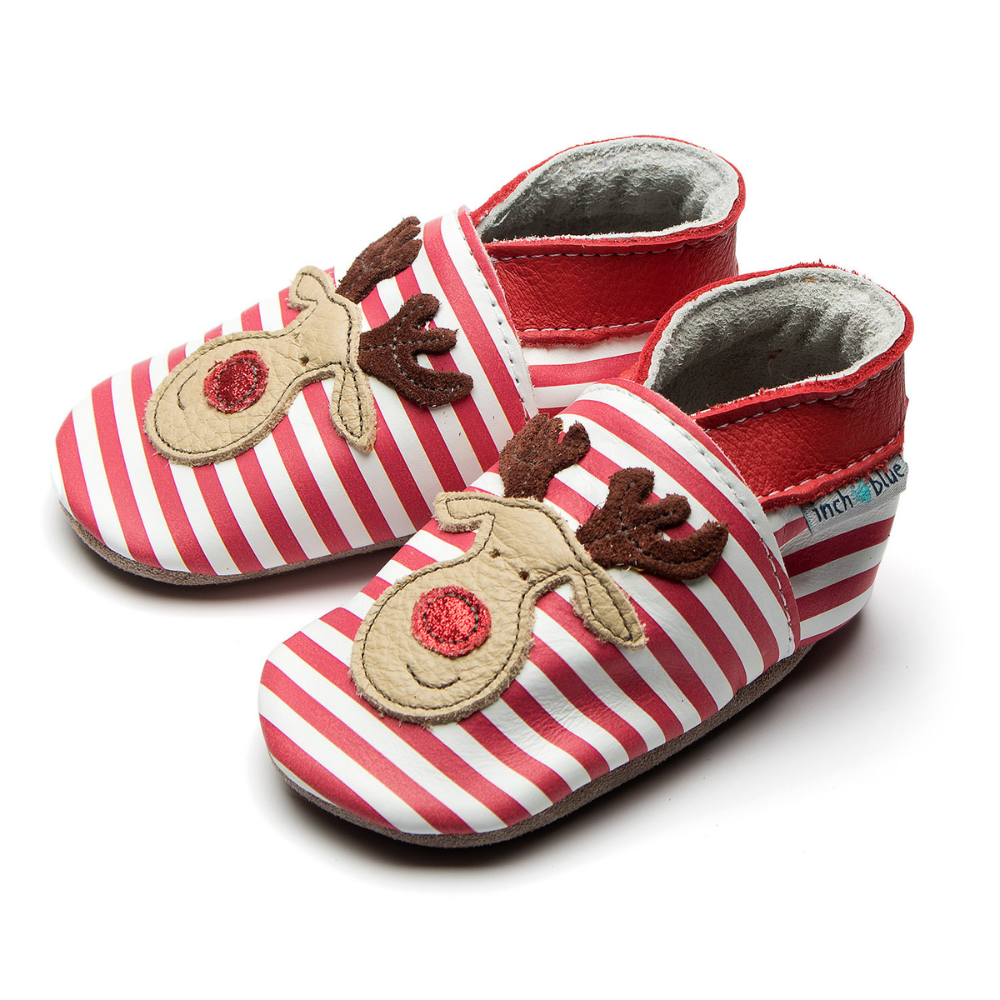 Leather Baby Shoes - Rudolf Red Stripe - Inch Blue