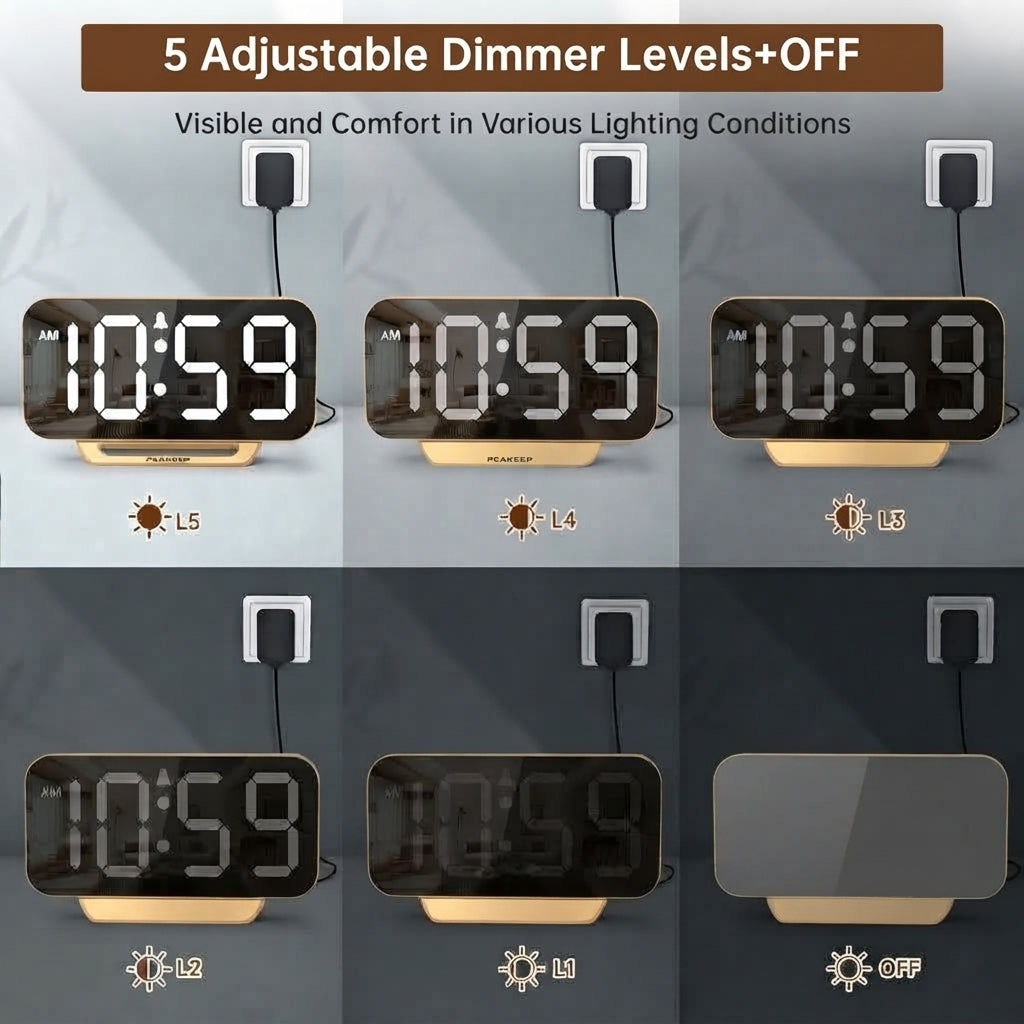 Slim Digital Mirror Alarm Clock, Large Display with 6-Level Dimmer