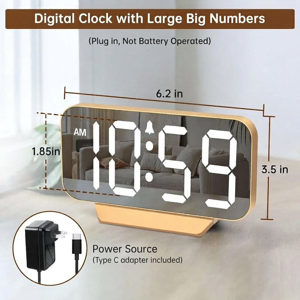 Slim Digital Mirror Alarm Clock, Large Display with 6-Level Dimmer