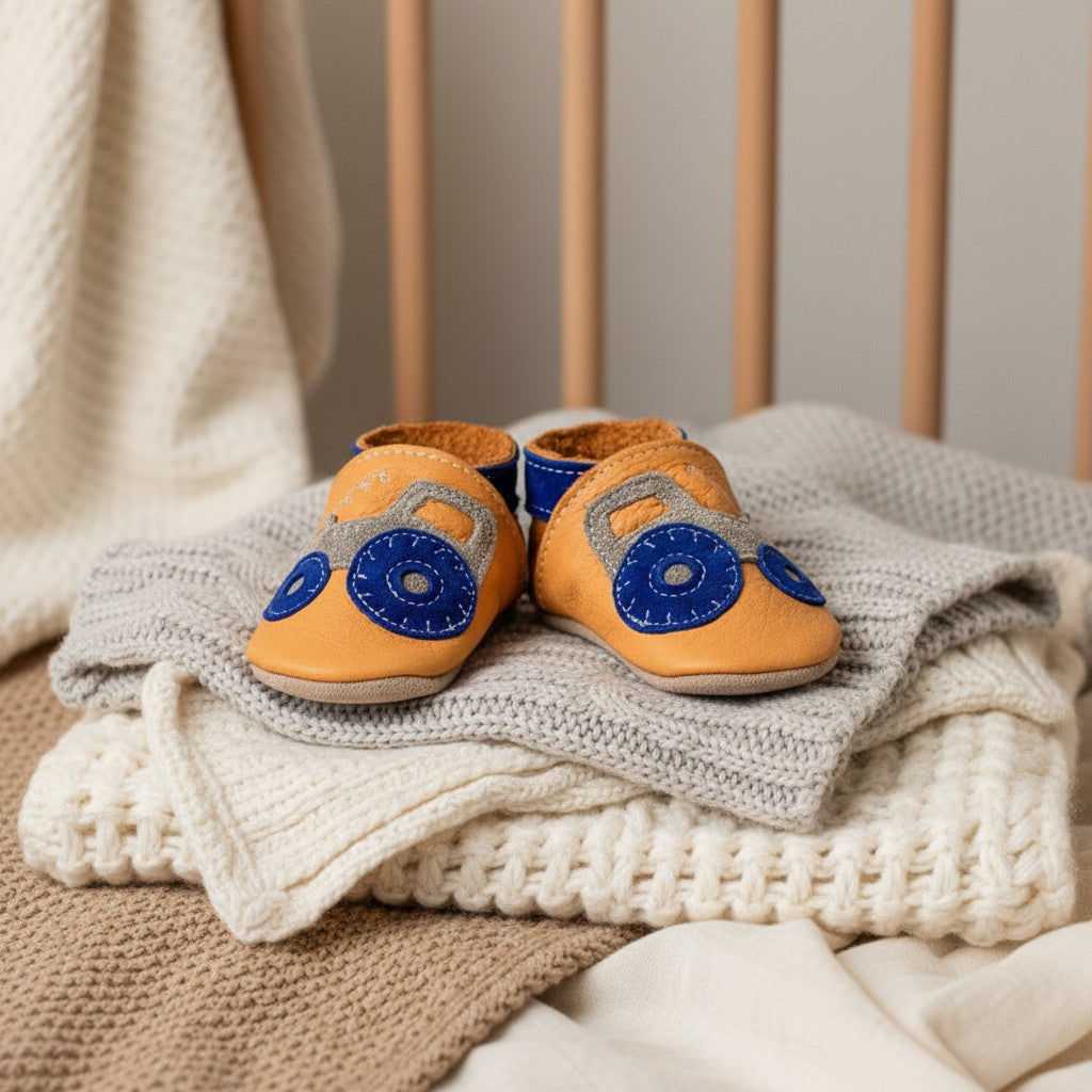 Leather Baby Shoes - Tractor Tan Leather - Inch Blue