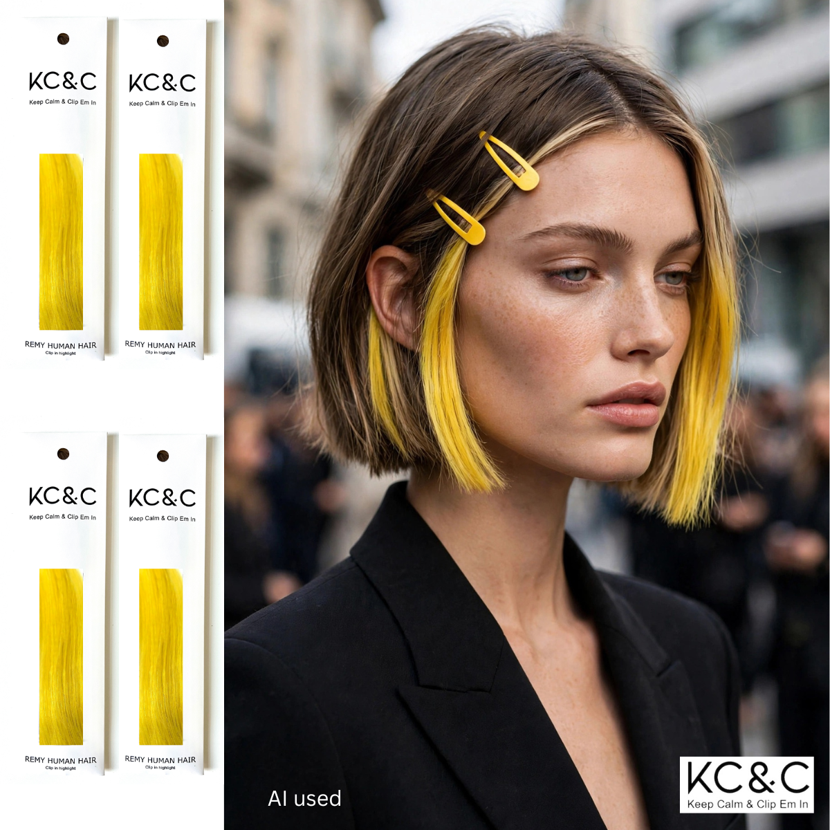 YELLOW HIGHLIGHTS 100% HUMAN HAIR CLIP-IN HAIR EXTENSIONS Set of 4
