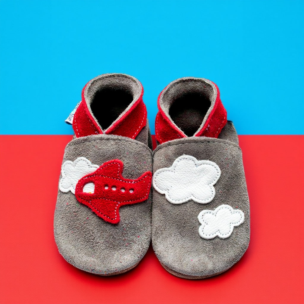 Leather Baby Shoes - Aeroplane Clouds Grey Suede - Inch Blue