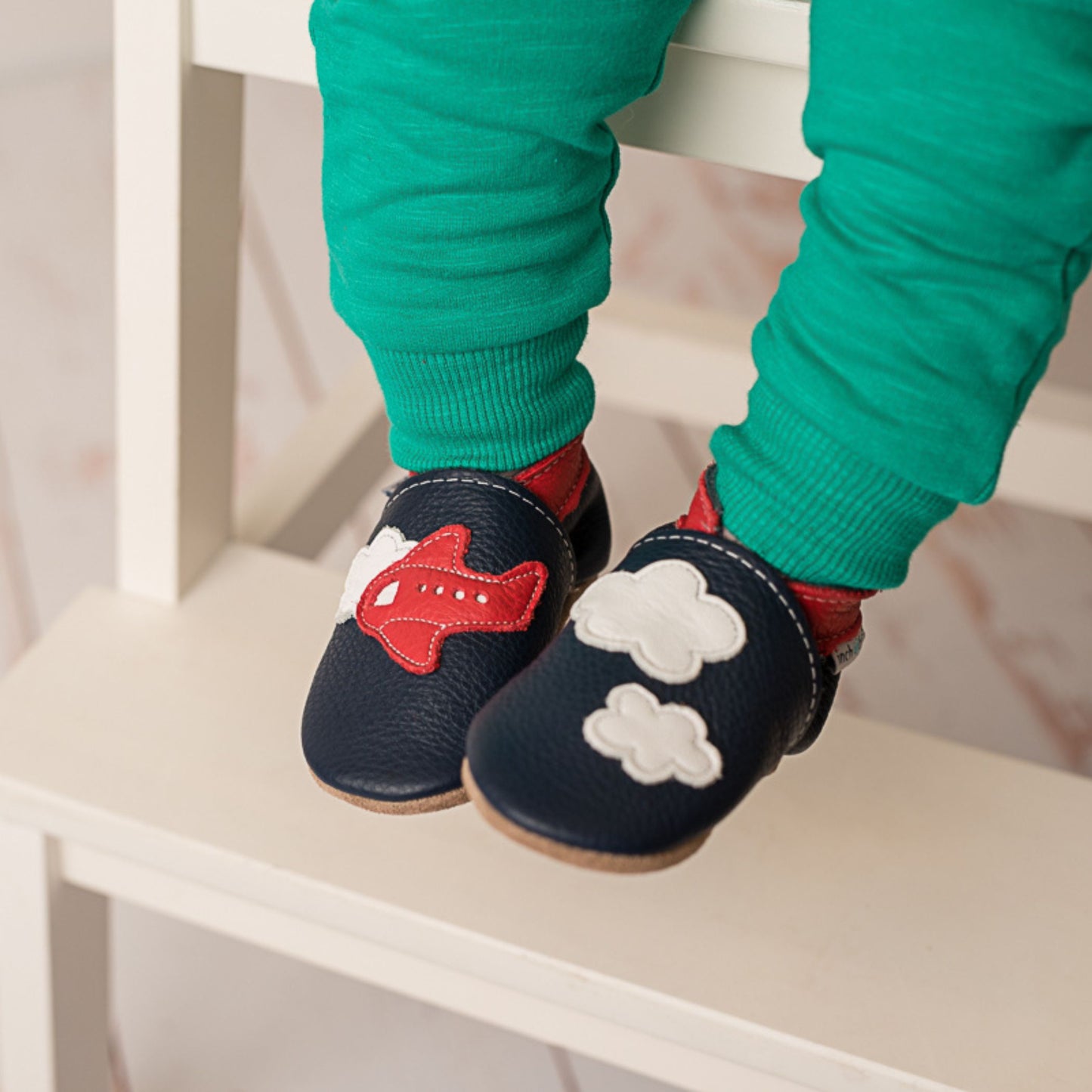 Leather Baby Shoes - Aeroplane Clouds Navy/Red - Inch Blue