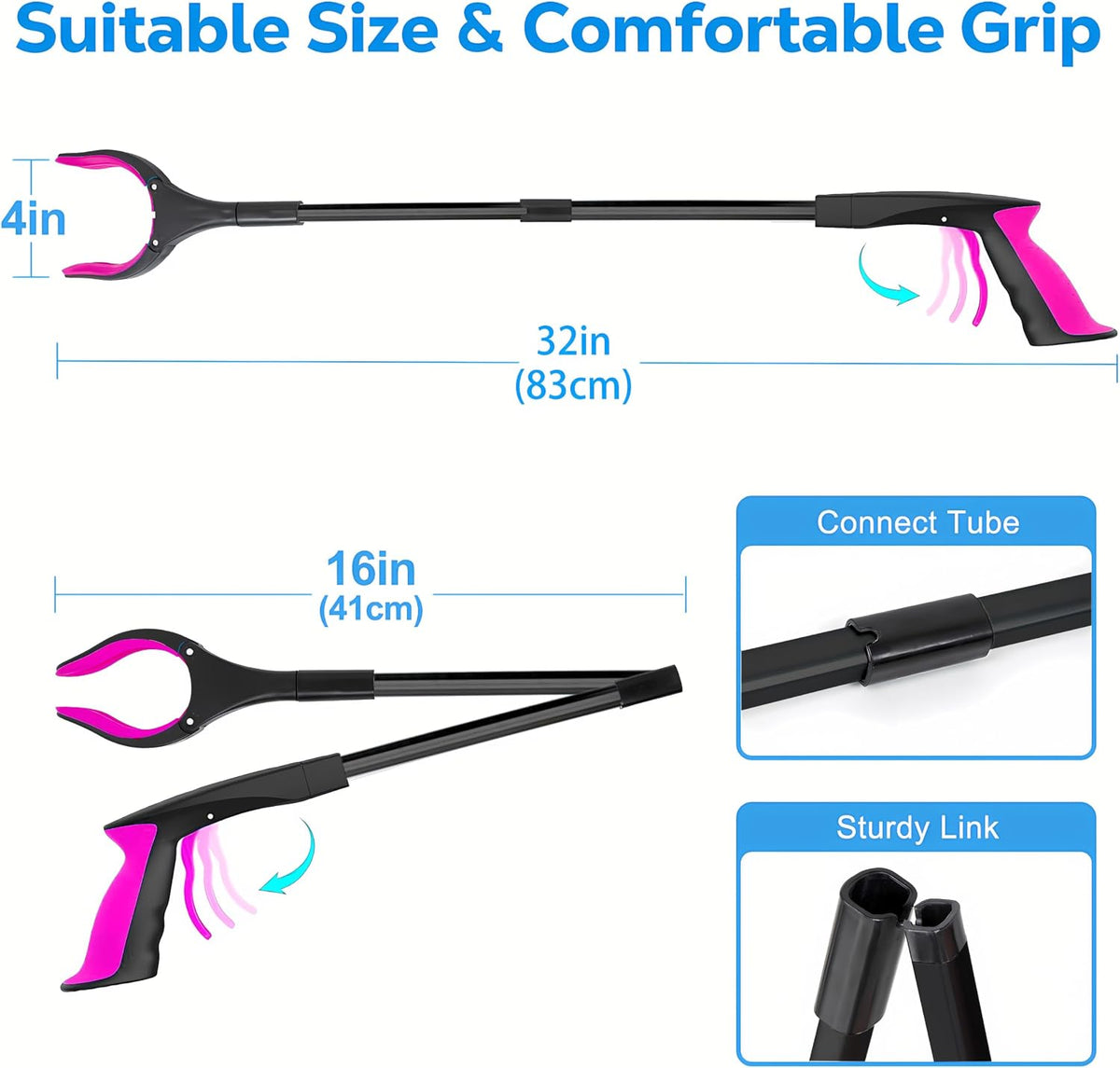 32-Inch Foldable Reacher Grabber Tool with Rotating Jaw & Magnet