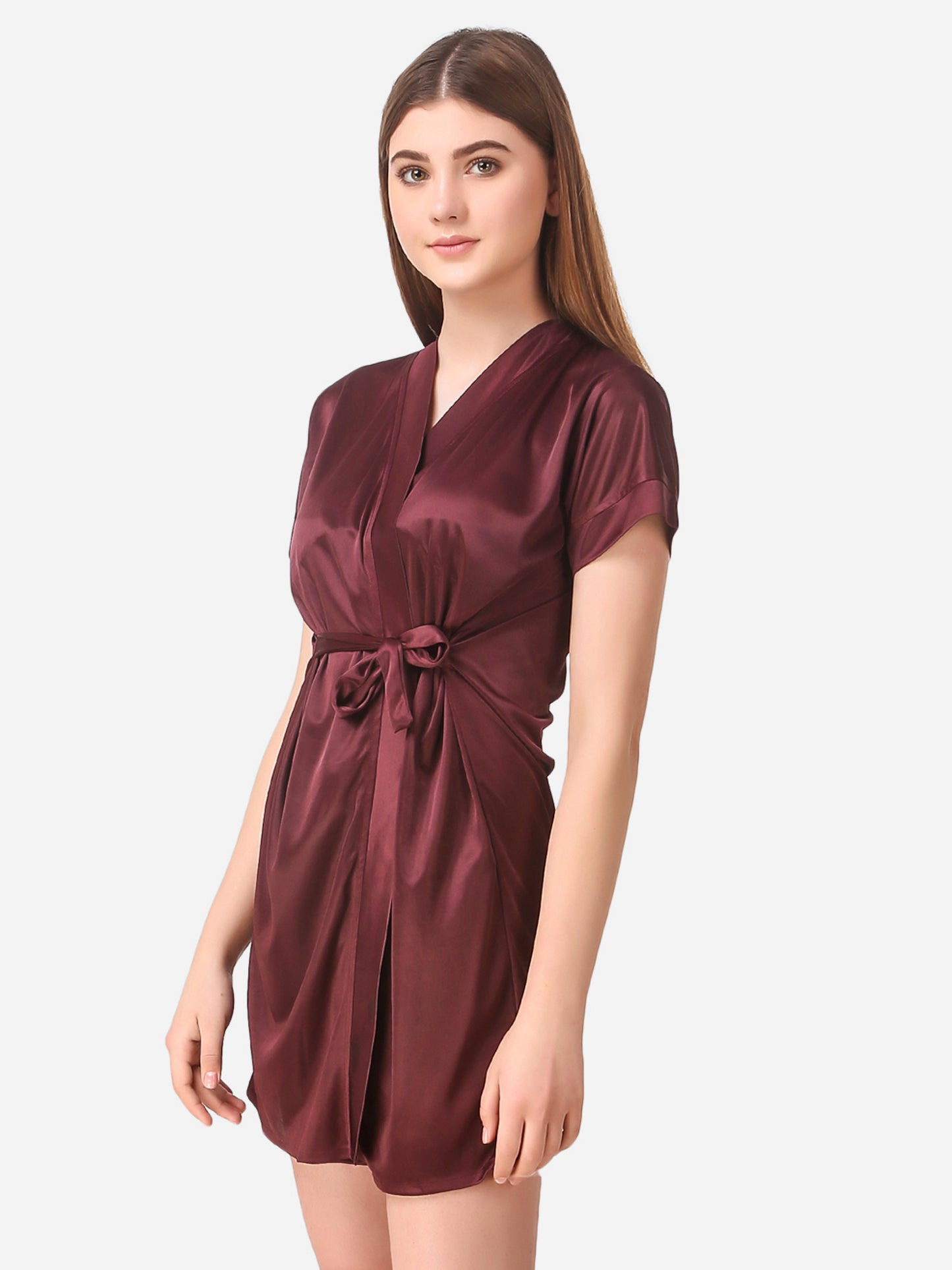 Romaisa Women's Satin Solid Brown Robe with Lingerie Set