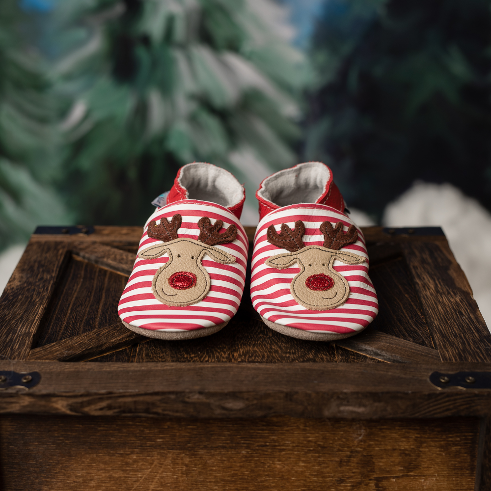 Leather Baby Shoes - Rudolf Red Stripe - Inch Blue