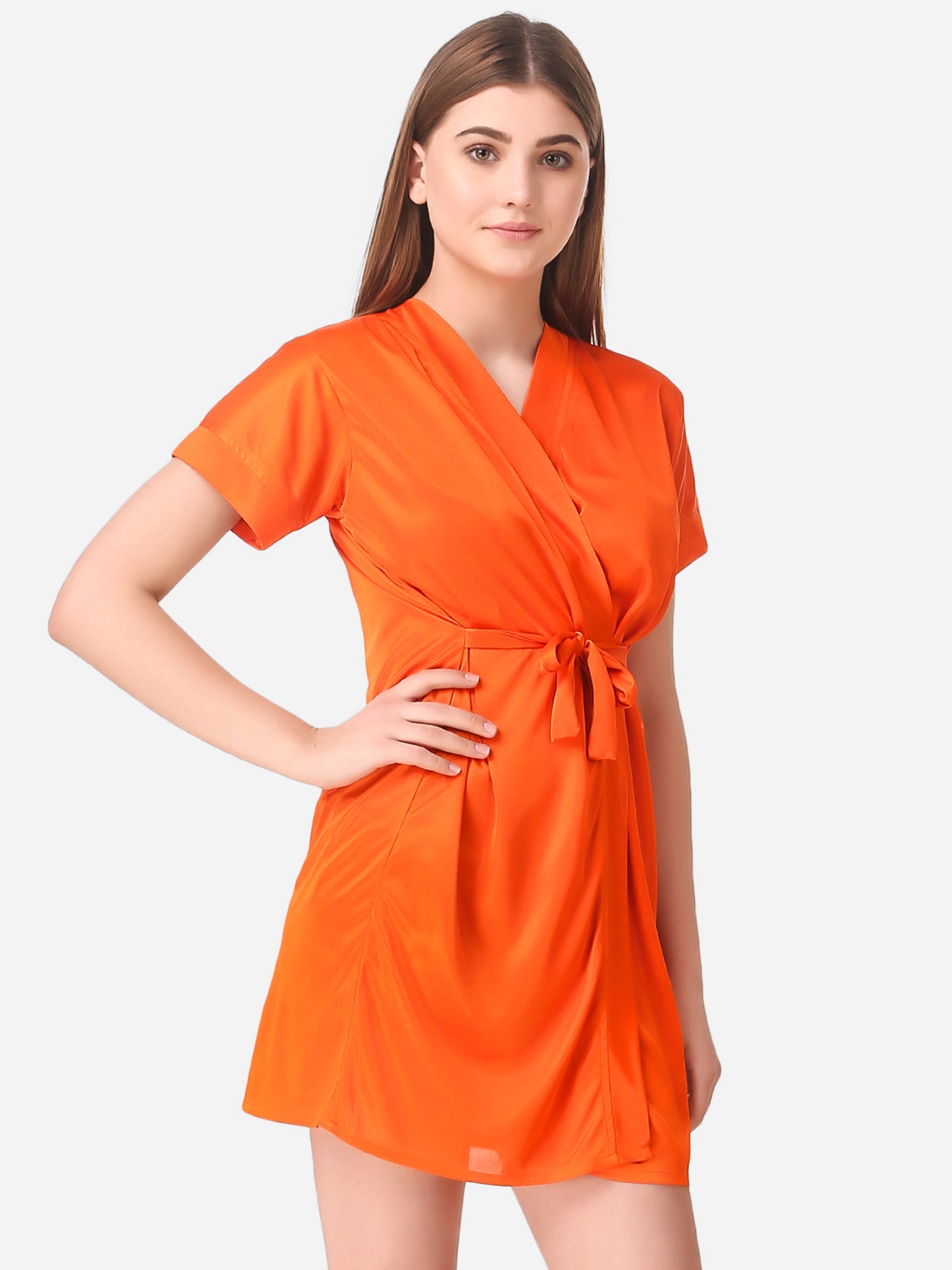 Romaisa Women's Satin Solid Orange Robe with Lingerie Set