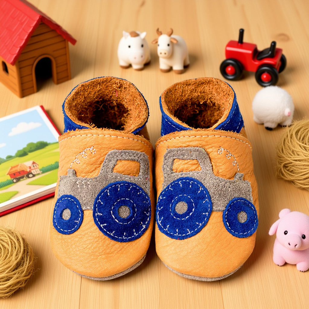 Leather Baby Shoes - Tractor Tan Leather - Inch Blue