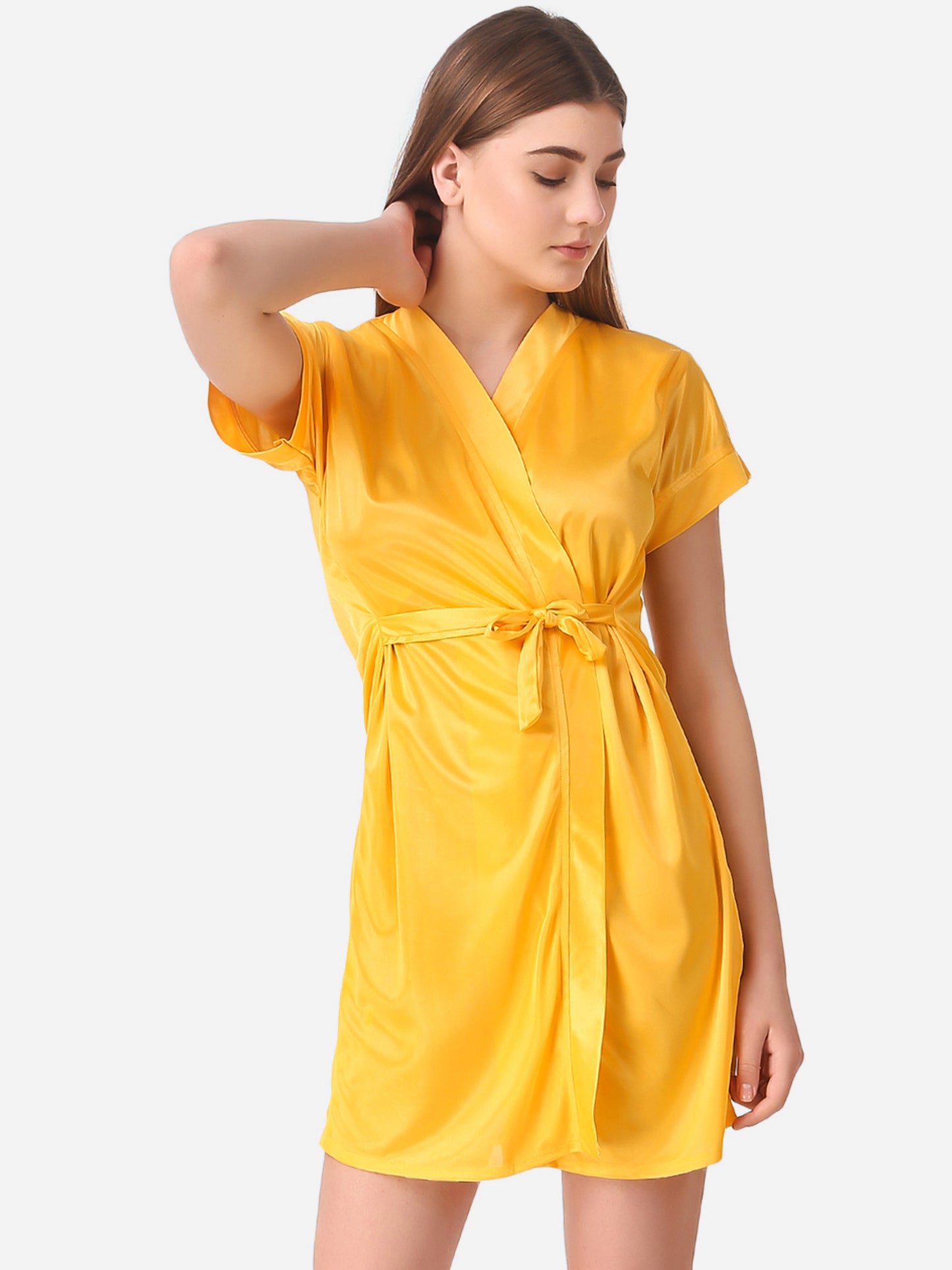 Romaisa Women's Satin Solid Yellow Robe with Lingerie Set