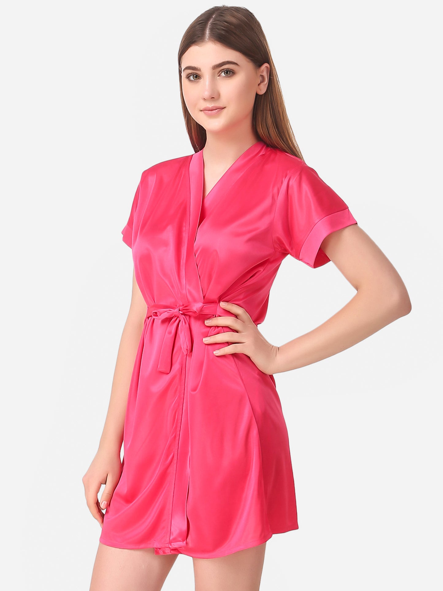 Romaisa Women's Satin Solid Pink Robe with Lingerie Set