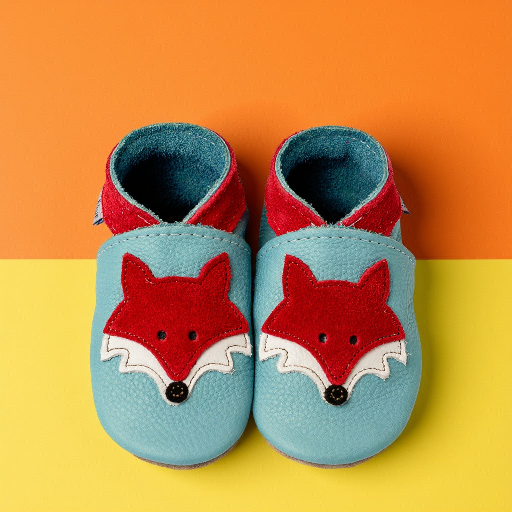 Leather Baby Shoes - Mr Fox Sky Blue/Red - Inch Blue