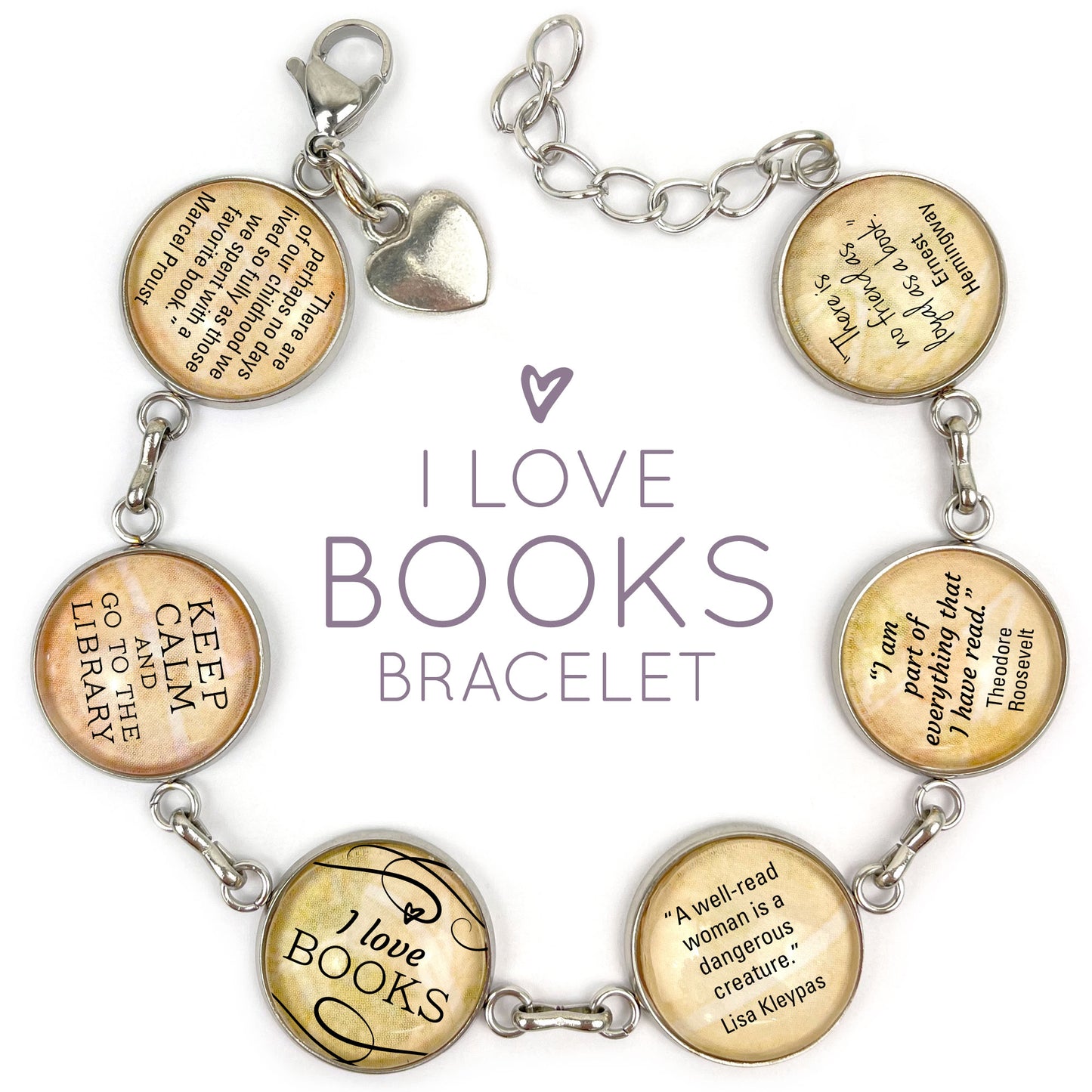 I Love Books - Stainless Steel Charm Bracelet