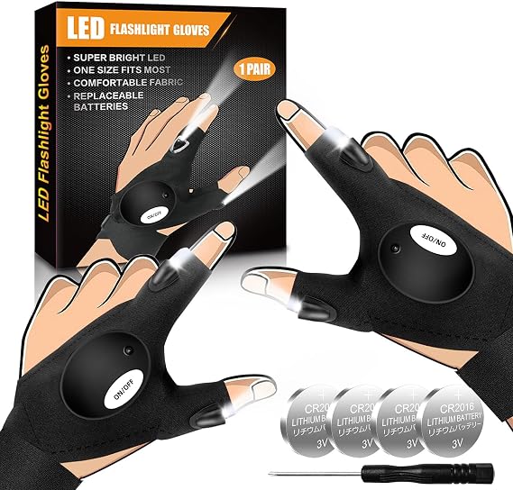 LED Flashlight Gloves, Hands-Free Finger Lights for Work & Outdoor