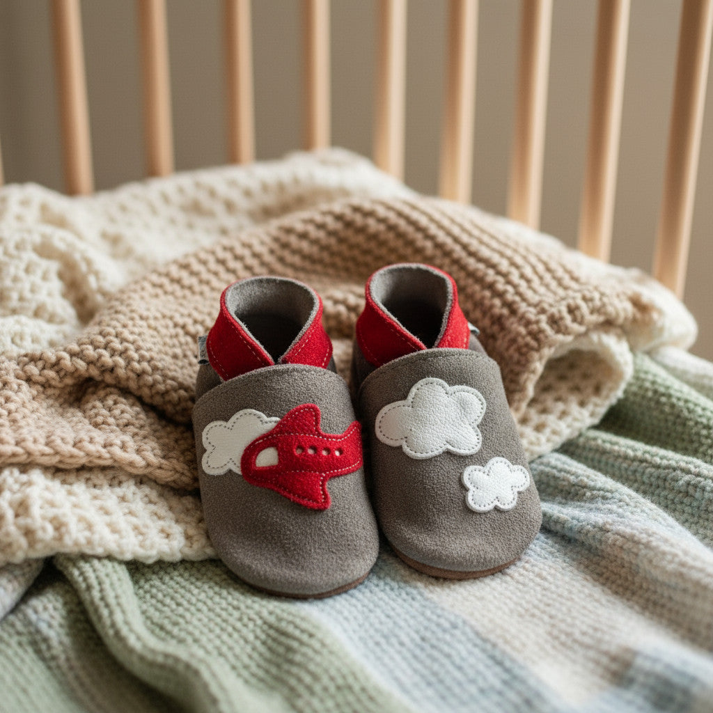 Leather Baby Shoes - Aeroplane Clouds Grey Suede - Inch Blue