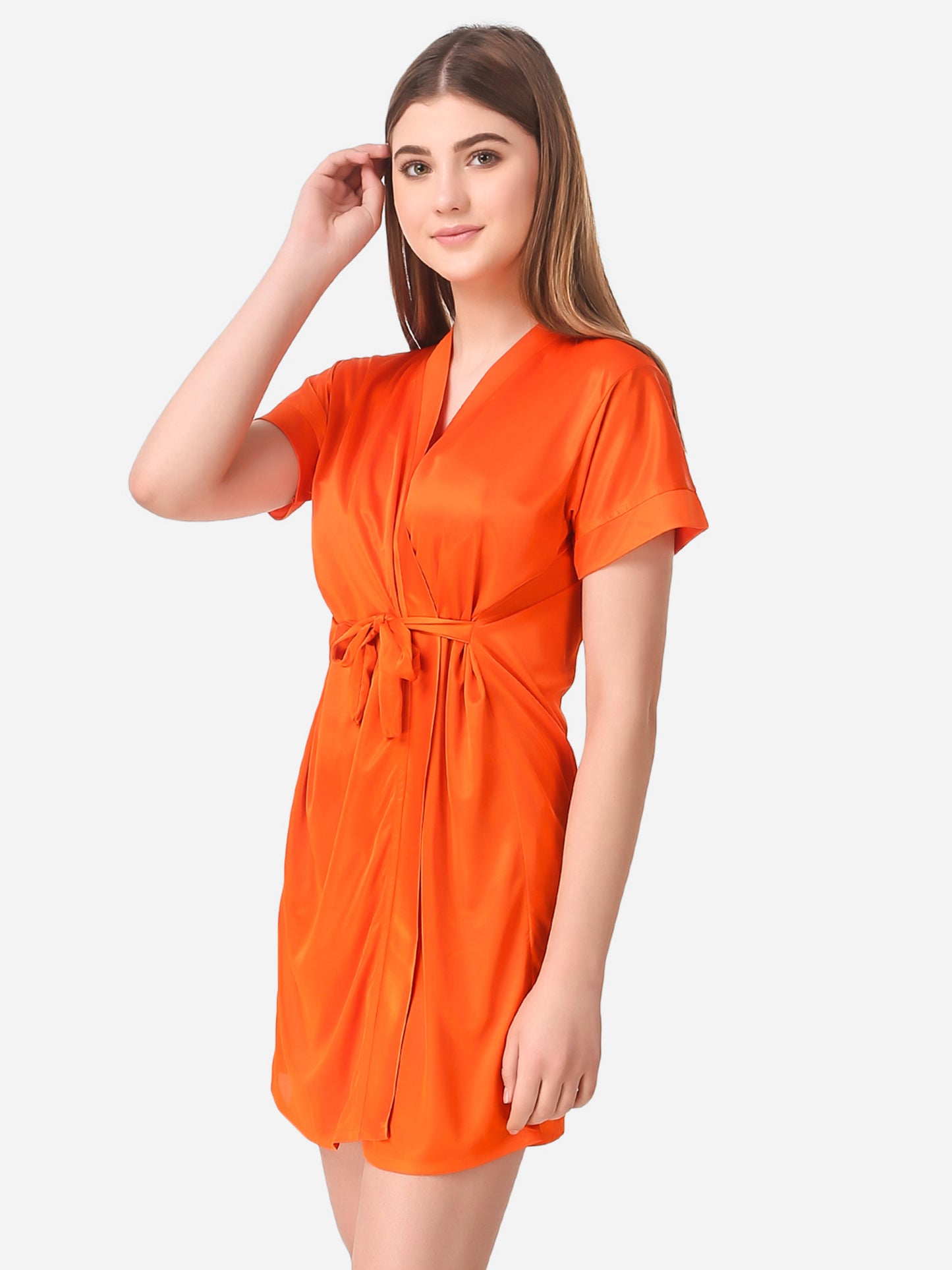 Romaisa Women's Satin Solid Orange Robe with Lingerie Set