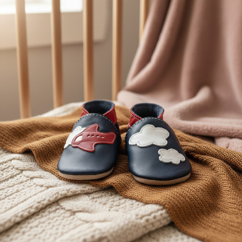Leather Baby Shoes - Aeroplane Clouds Navy/Red - Inch Blue