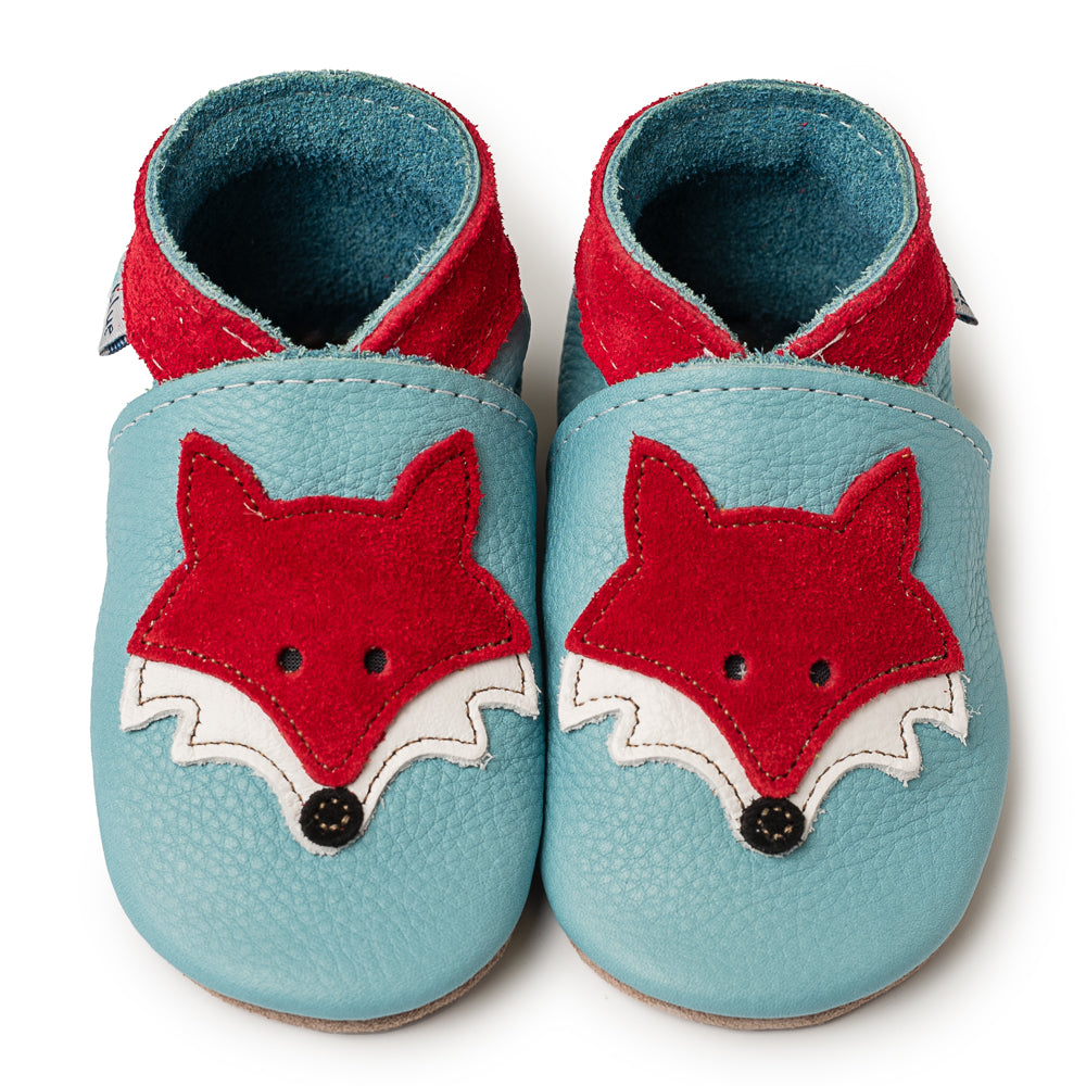 Leather Baby Shoes - Mr Fox Sky Blue/Red - Inch Blue
