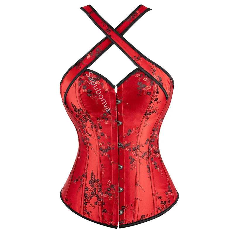 Corset Top Bustier Halter Strap Plus Size Embroidery Flower Lace UP Overbust Burlesque Costume Sexy Lingerie Women Red Black
