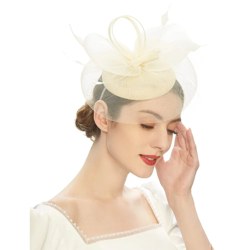 Fashion Feathers Mesh Fascinator Hat Elegant Exquisite Veil Hat Headwear Hair Hoop Sweet Bride Headband Cocktail Party