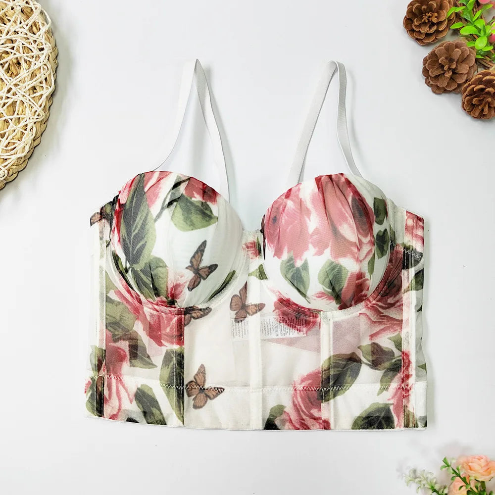 Women Sexy Floral printed Corset Tank Top Nightclub Party Short Chest Binder Camisole Girl Push Up Bustier Lady Bra Lingerie