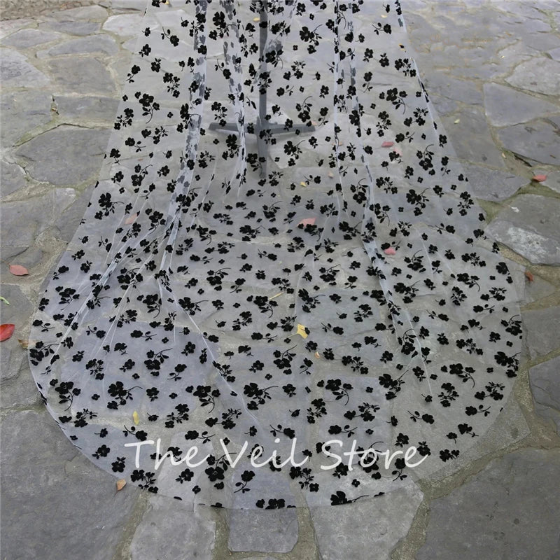 Flocking Tulle White And Black Bridal Cape Draped Shoulder Veils Wedding Shrugs For Brides Floral Cathedral Long With Clips New