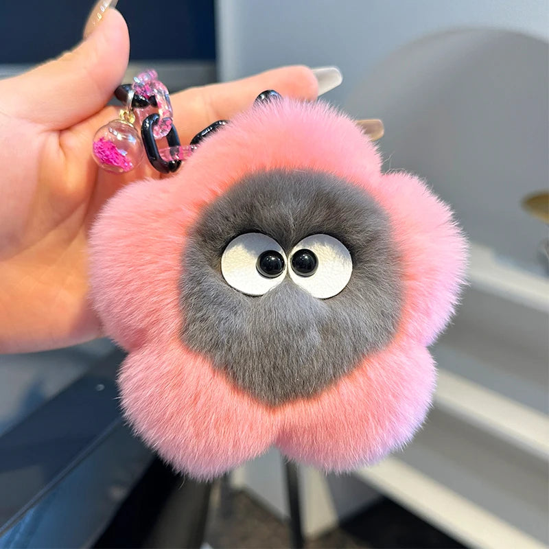 Rex Rabbit Fur Keychain Cute Plush Flower Keychain Car Bag Charms Keyring Pendant Accessories Keychain On The Phone Car Key Ring