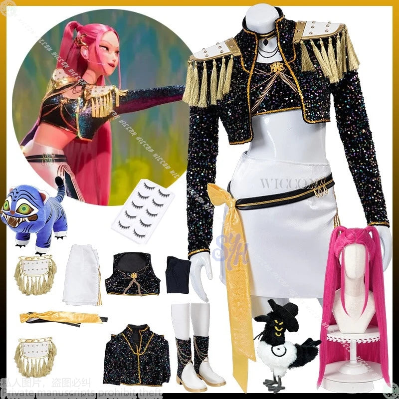 Anime Kpop Demon Cosplay Huntrix Mira For GOLDEN Stage Uniform Black Coat White Mini Dress Kawaii Jirai Kei Girls Korea Idol Cos