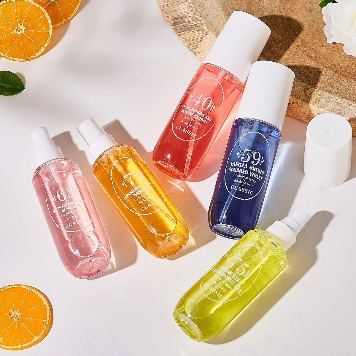 Natural alcohol-free and low-allergen liquid perfume spray that can be used on hair body and clothing Water-based natural oil