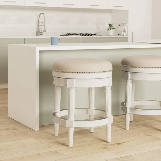 Pullman 26 Inch Tall Backless Alabaster White Finish Counter Height Upholstered Barstool with Cream Fabric Cushion Seat