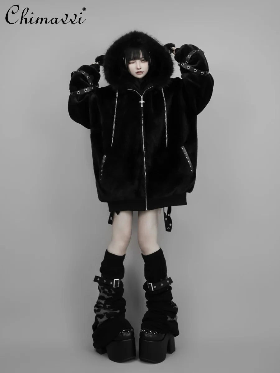 Japanese Mine Series Riveted Cross Sheep Ear Hooded Jacket Winter New Goth Punk Dark Girls Imitation Fur Plush Coat Women