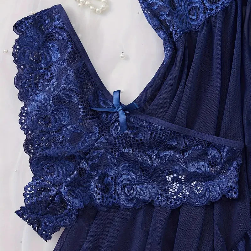 Blue Lace Transparent Deep V Bra Pajamas Sexy Lingerie For Women Babydolls Dress Sleepwear Set Erotic Underwear Exotic Costumes