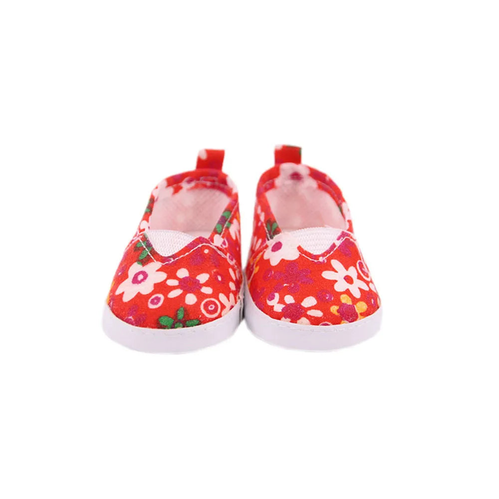 7Cm length Doll Shoes For 18 inch Girls American & 43Cm Baby New Born Doll Clothes Accessories Flowers/Bows Stamp Canvas Shoes