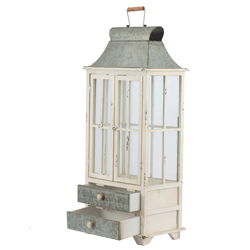 Set of 2 Ivory Wood & Metal Hurricane Candle Lanterns