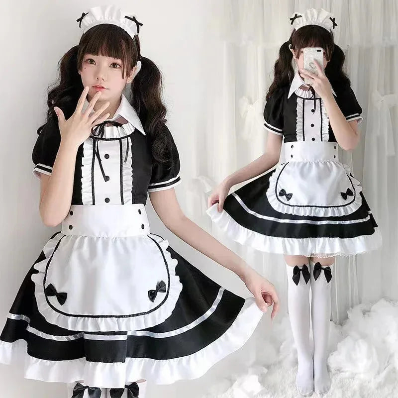 Sexy Lingerie Lolita Maid Cosplay Costume Women Headwear Apron Fake Collar Bowknot Black Dress Halloween Party Outfit