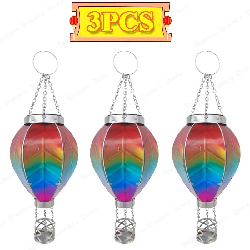 Hot Air Balloon Shape Lantern Flickering Flame Hanging Paper Lamp Outdoor Solar Garden Light IP65 Waterproof Holiday Party Decor