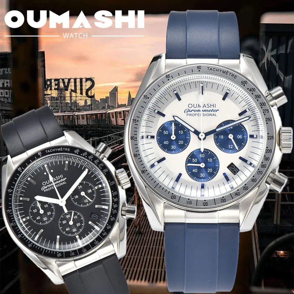 41mm silver men's watch VK63 movement quartz chronograph sapphire glass rubber strap business men's waterproof wristwatch 10Bar