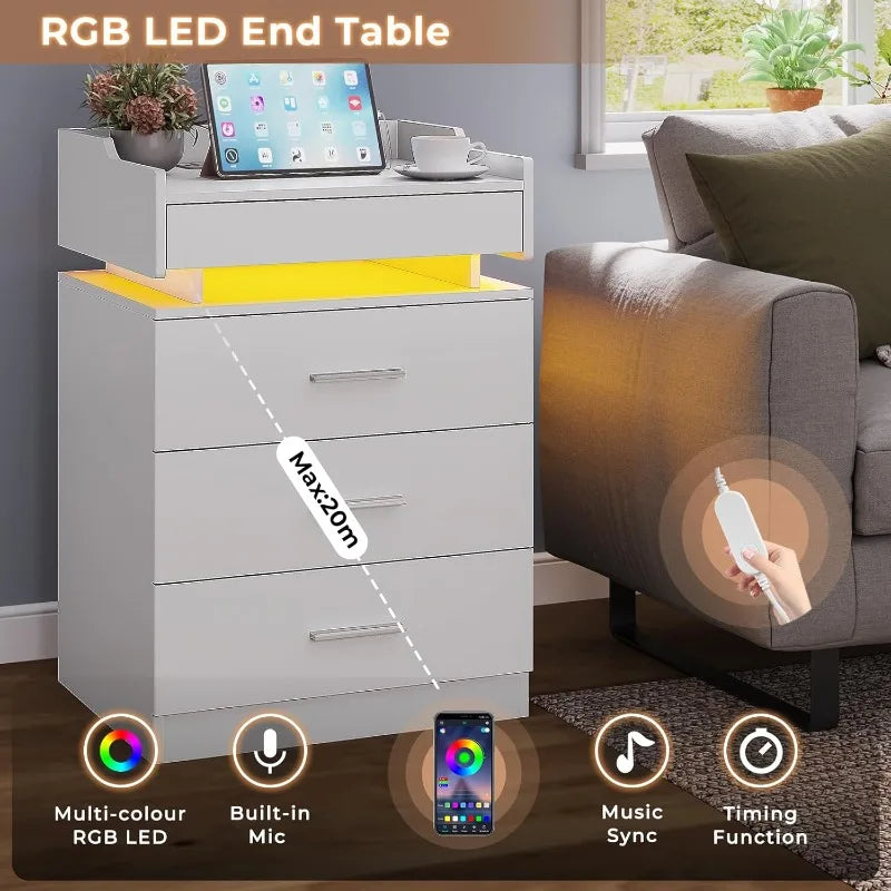 White Nightstand Set of 2,LED Night Stand with Charging Station & Pull-Out Tray,Bedside Table with Drawers,Modern End Table 2PCS