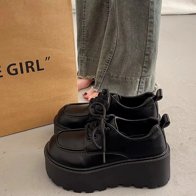 Women's Slope Heel Shoes Fall New Round Head Deep Mouth Front Lacing Thick Sole Non-slip Low Top Shoes