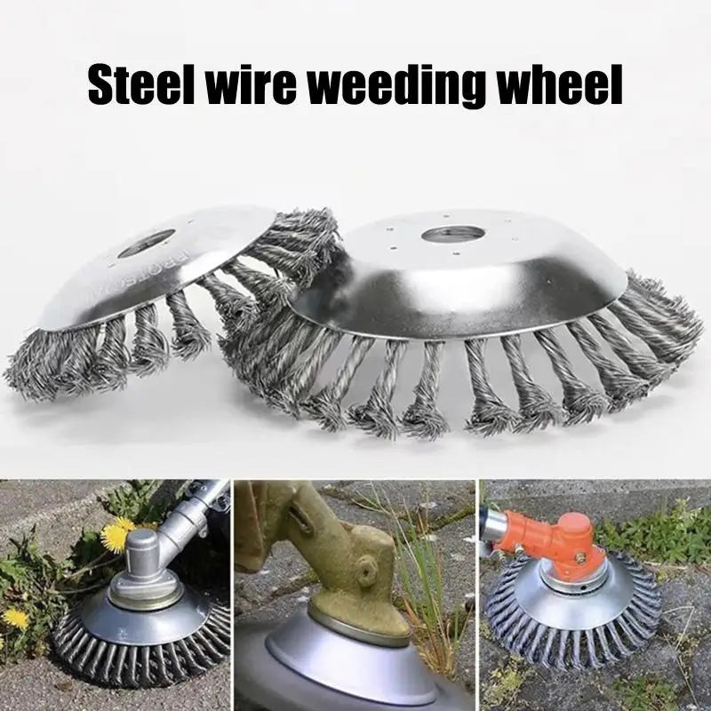Improved 6 inch Universal Lawn Mower Head, Steel Wire Weed Brush, Garden Cutter Tool with Disc Brush
