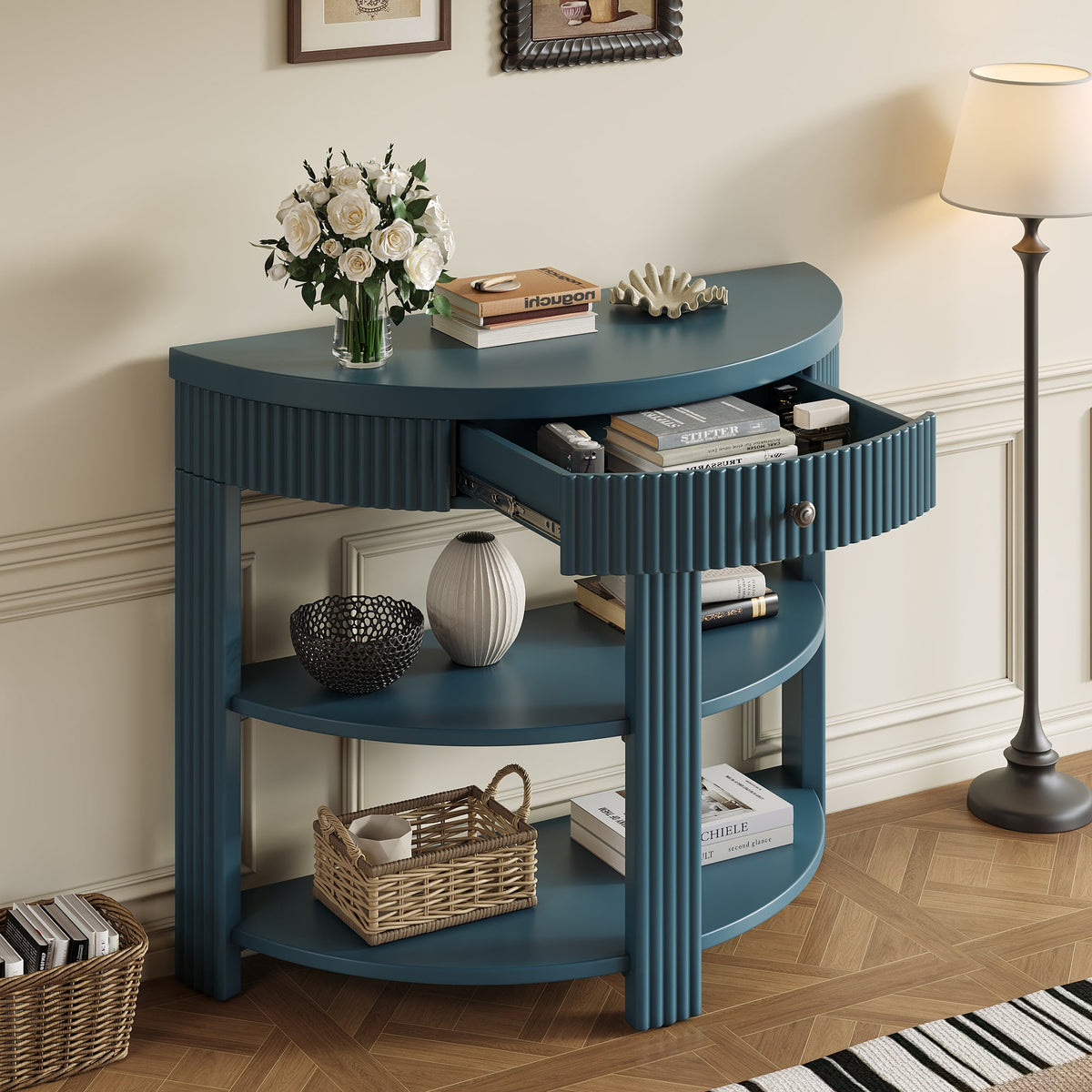 Fluted Half Moon Console Table with Drawer and 2 Shelves for Entryway,
