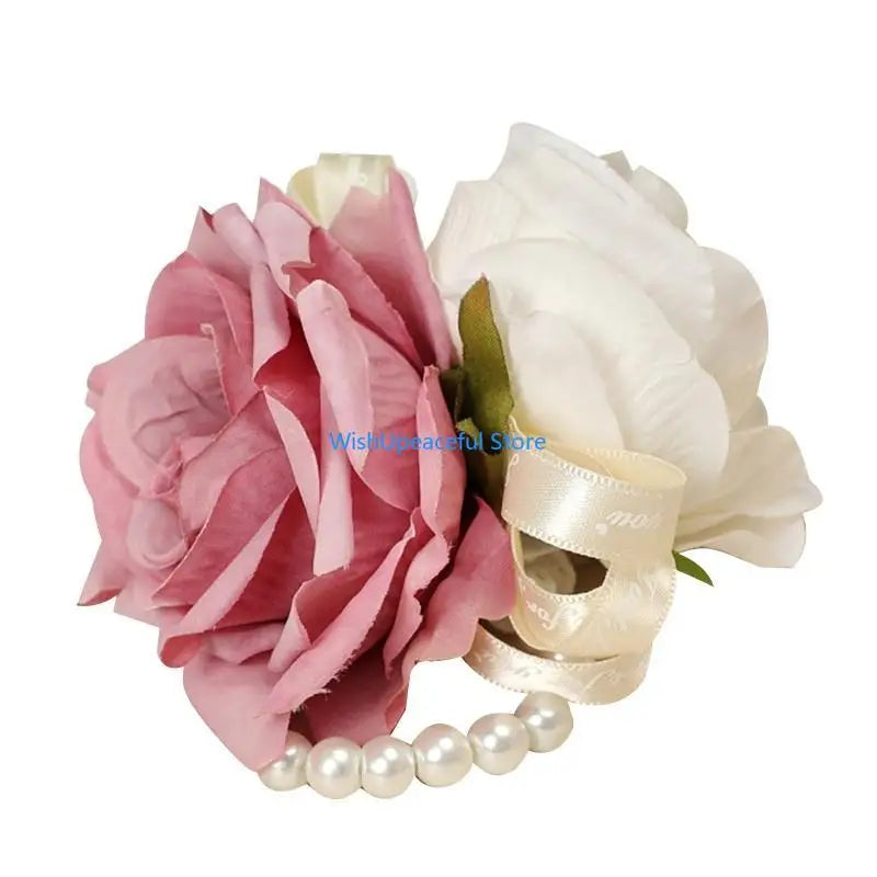 34YA Artificial Rose Wrist Corsage Wristband with Greenery Leaves Wedding Pearls Wristlet Hand Flowers for Women Bride Party