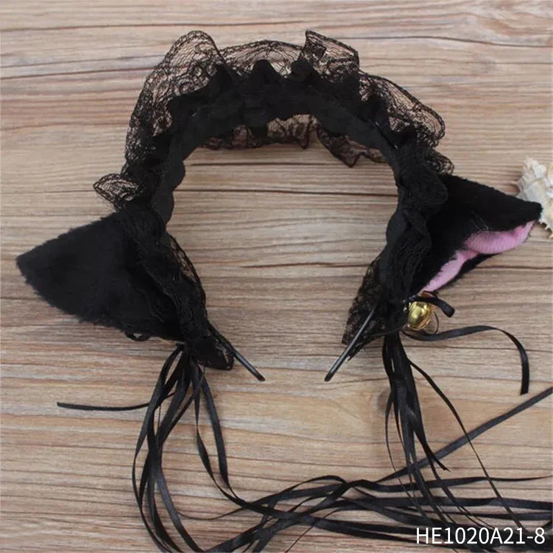 Womens Halloween Maid Lace Cat Ear Headband Hair Accessories Cat Ear Headband Long Tassel Japanese Animation Cosplay Accessories