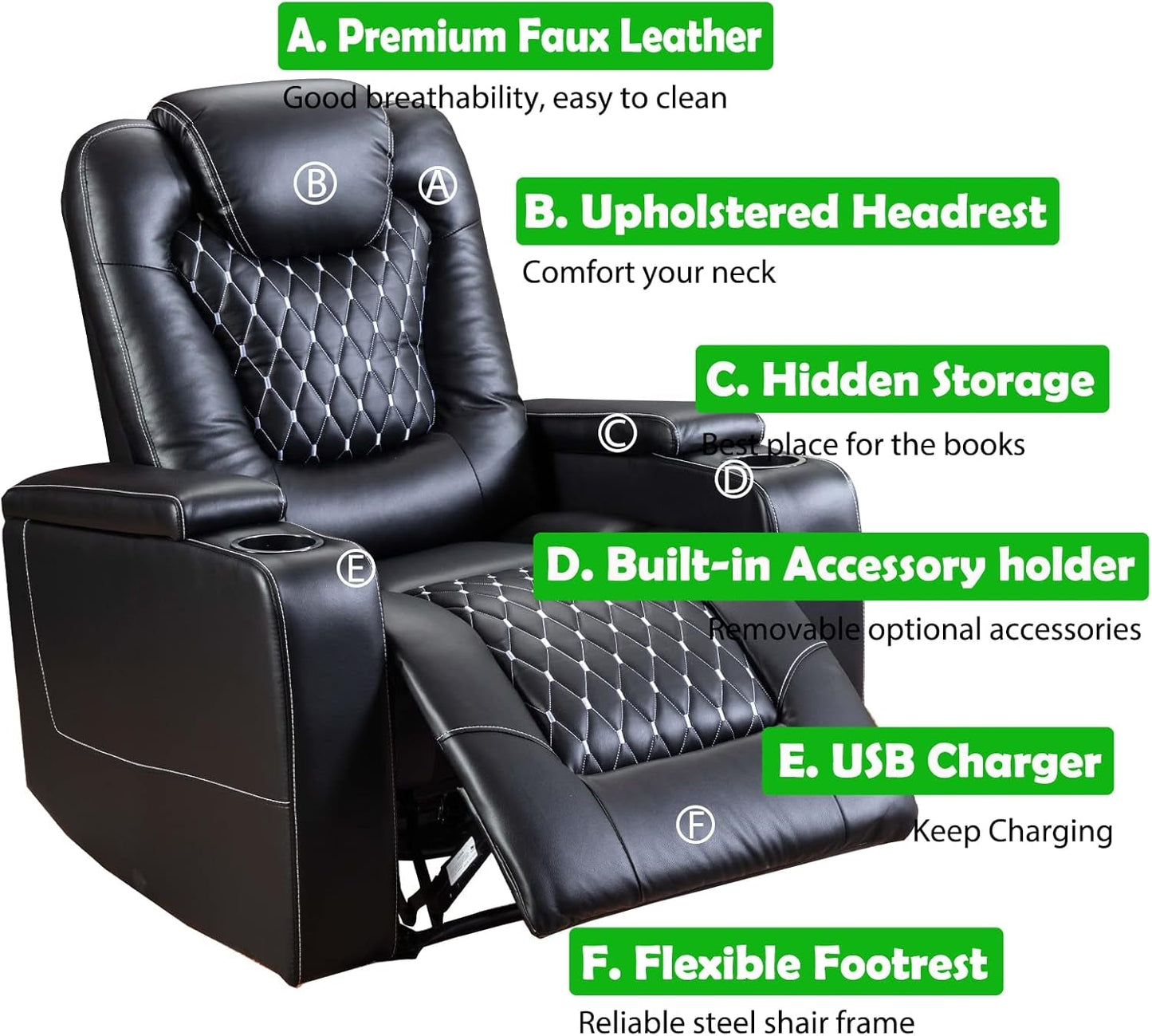 Power Recliner Chair Set Of 3 Black Leather With USB Ports