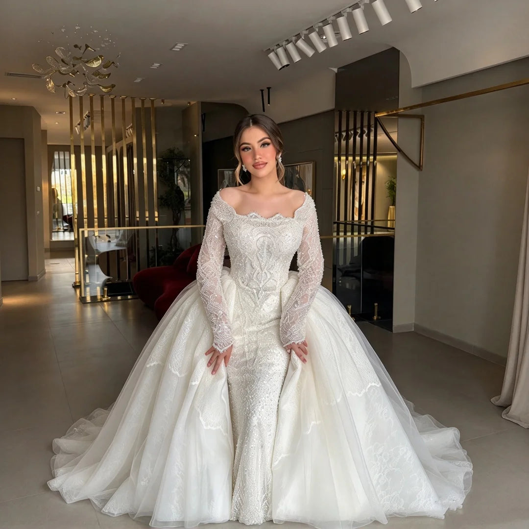 Luxury Mermaid Wedding Dress Detachable Overskirt Long Sleeve Off Shoulder Beaded Lace Bridal Gown Custom Wedding Robe For Bride