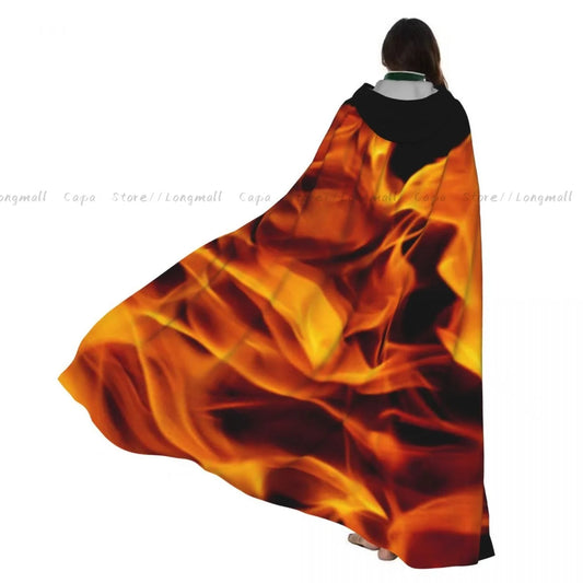 Adult Vampire Cape Hooded Robe Flames Of Fire Background Halloween Cloak Full Length Cosplay